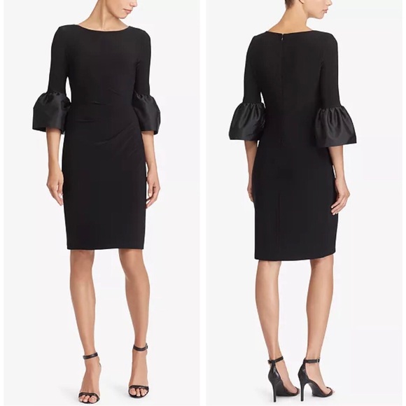 Lauren Ralph Lauren Taffeta Jersey Bell Sleeves Ruched Black Sheath Dress 10P - Picture 1 of 13